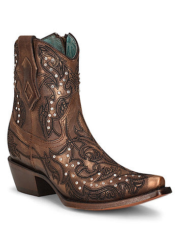 CORRAL EMBROIDERY & CRYSTALS ANKLE BOOTIE - BRONZE